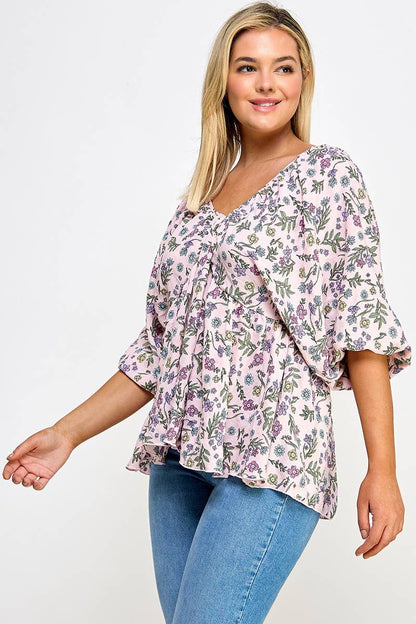 Plus Size Floral Babydoll Ballon Slv Top NK18349-T