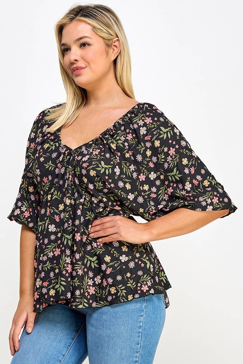 Plus Size Floral Babydoll Ballon Slv Top NK18349-T