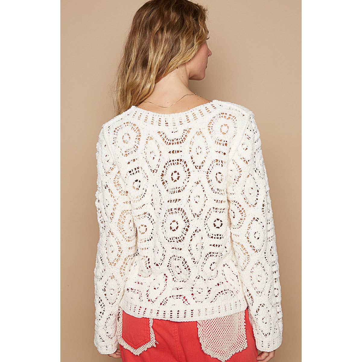 Round neck open knitted crochet solid sweater