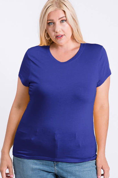 Plus Size V Neck Basic Short Sleeve Solid Tee Cotton Top