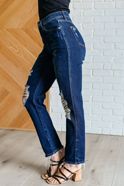 Judy Blue High Rise Rigid Magic Distressed Straight Jeans