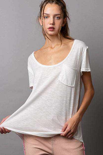 Scoop neck rayon slub pocket front short sleeve tee SALE