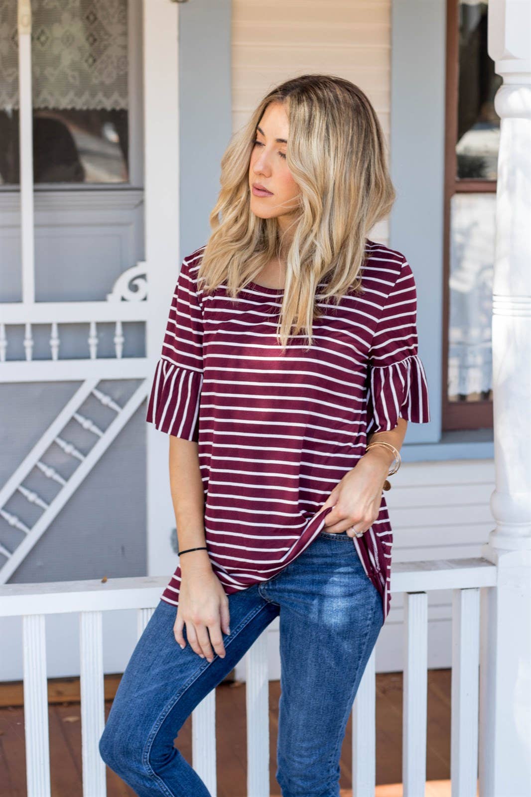 Payton Stripe Flare Sleeve Top | S-3X