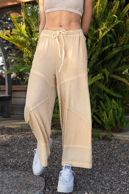 Contrast ribbed elastic waist casual knit culottes pants