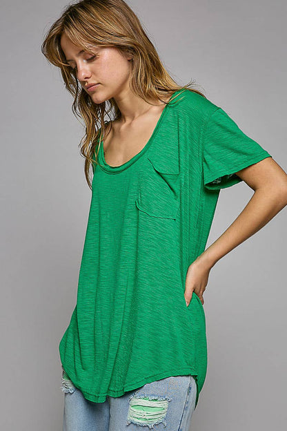 Scoop neck rayon slub pocket front short sleeve tee SALE