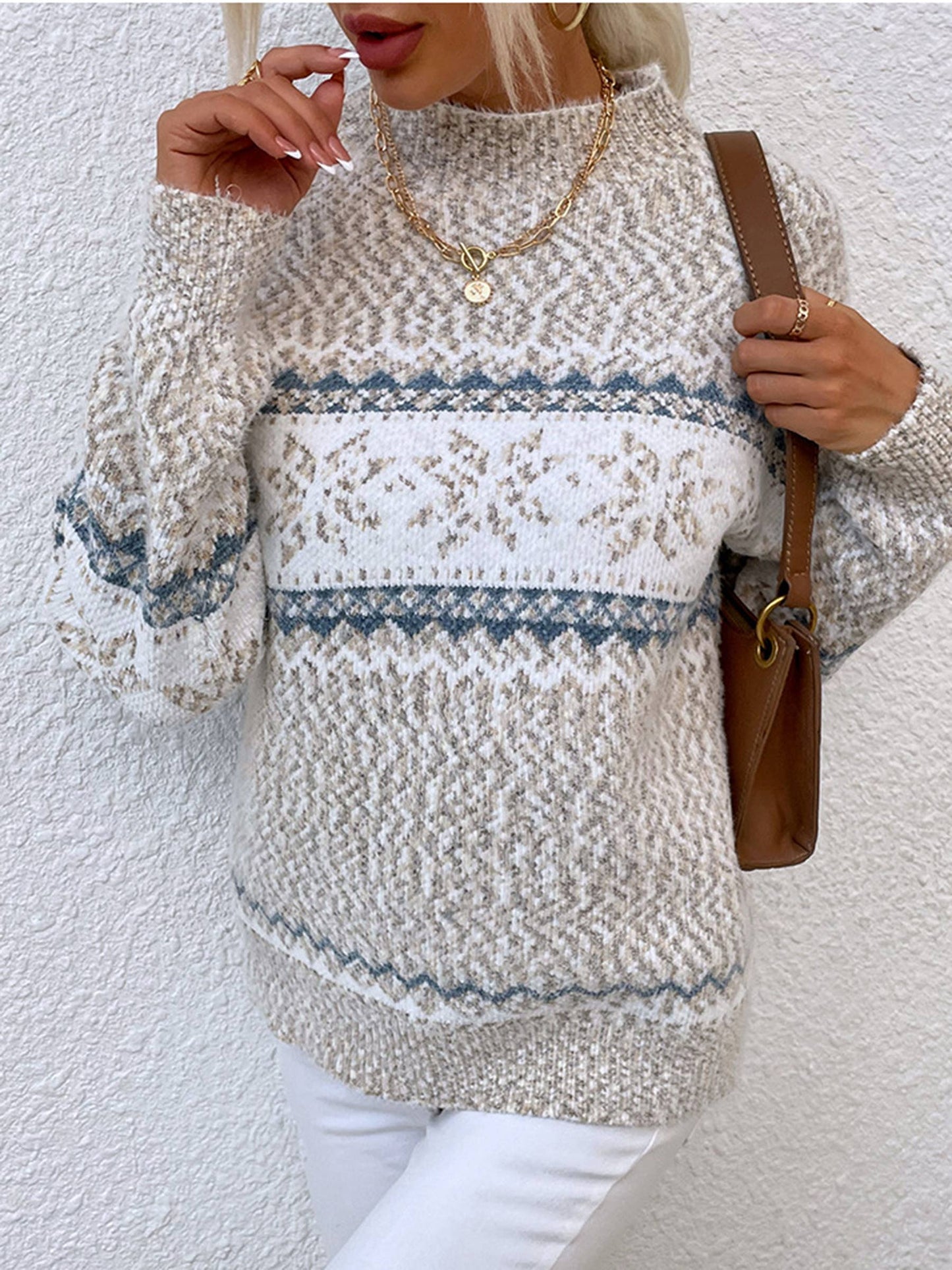 Half High Collar Snowflake Sweater For Women