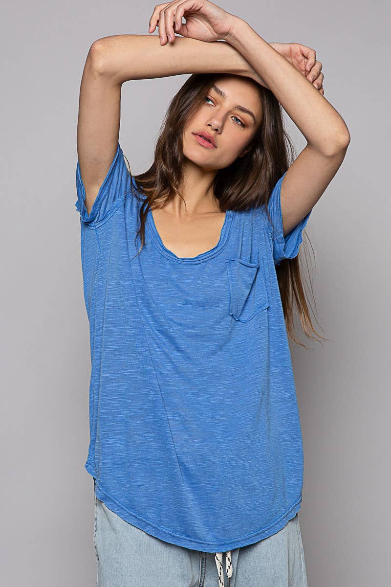 Scoop neck rayon slub pocket front short sleeve tee SALE