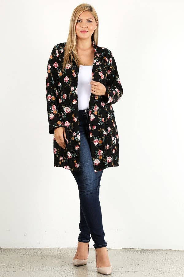 Floral Print Long Plus Size Shacket - 17381-J