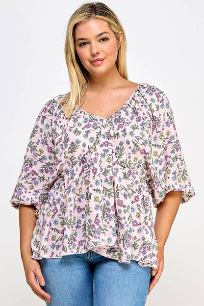 Plus Size Floral Babydoll Ballon Slv Top NK18349-T