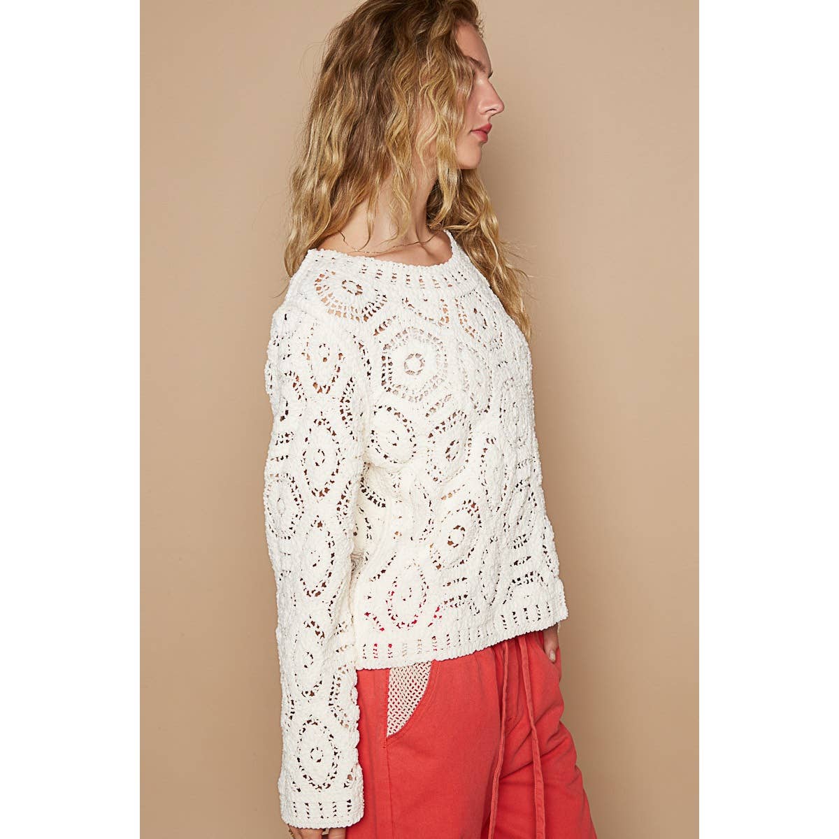 Round neck open knitted crochet solid sweater