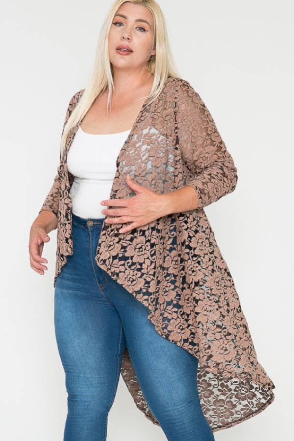 Plus Size Floral Lace Ruffle Long Sleeve Maxi Cardigan