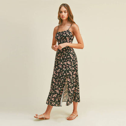 FLORAL PRINT WITH FRONT SLITS WOVEN CAMI MIDI DRESS