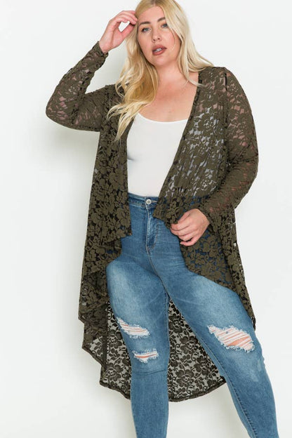 Plus Size Floral Lace Ruffle Long Sleeve Maxi Cardigan