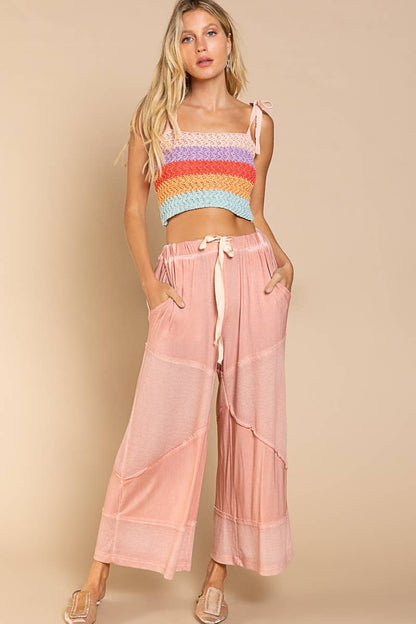 Contrast ribbed elastic waist casual knit culottes pants