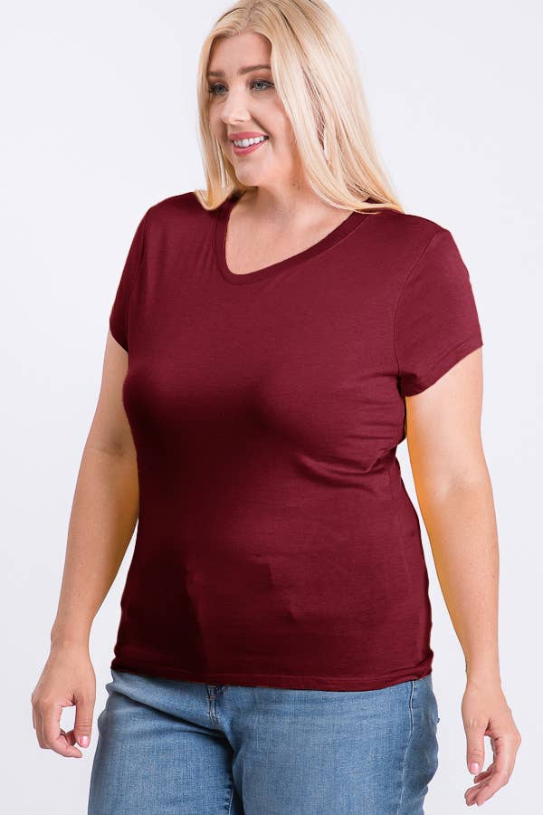 Plus Size V Neck Basic Short Sleeve Solid Tee Cotton Top