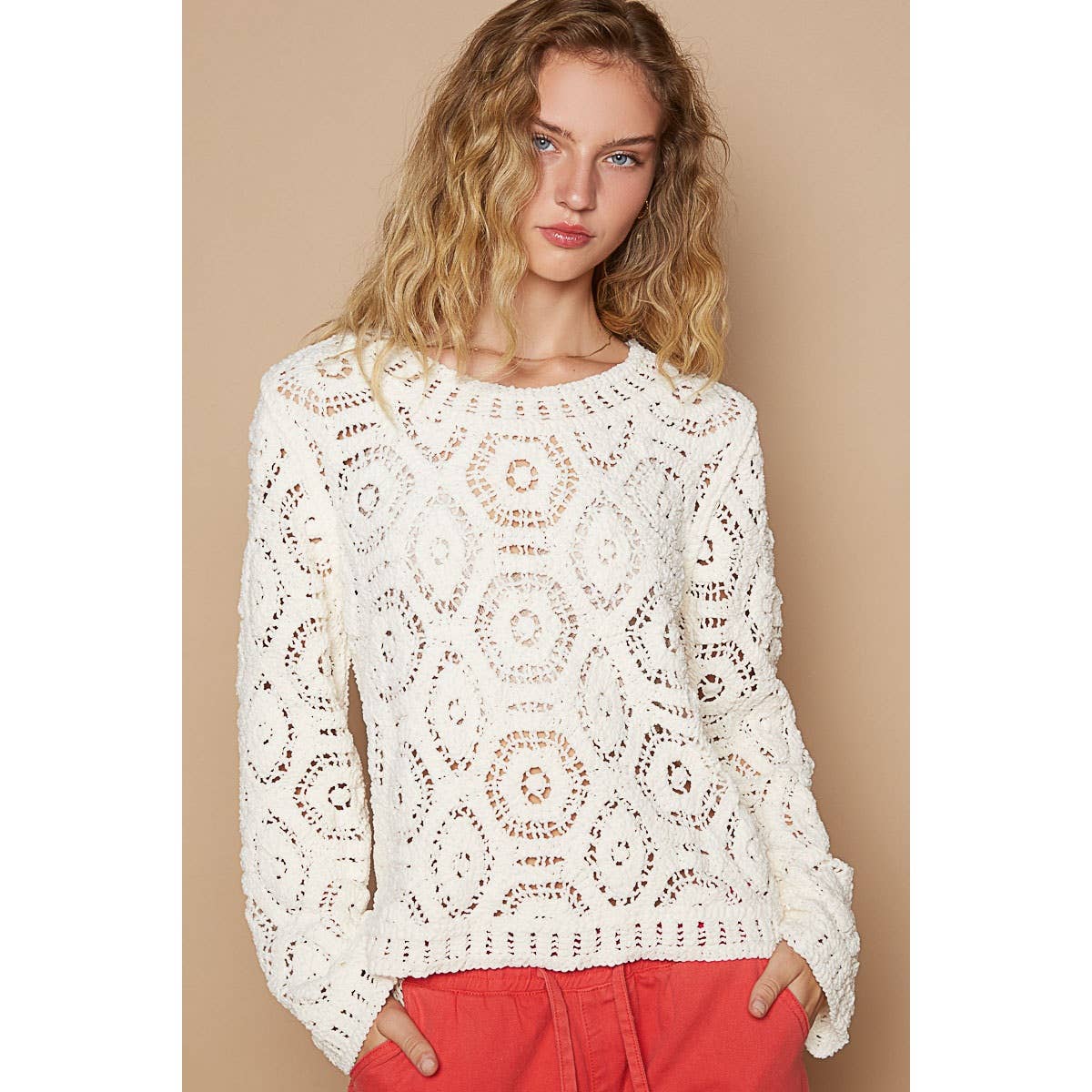 Round neck open knitted crochet solid sweater