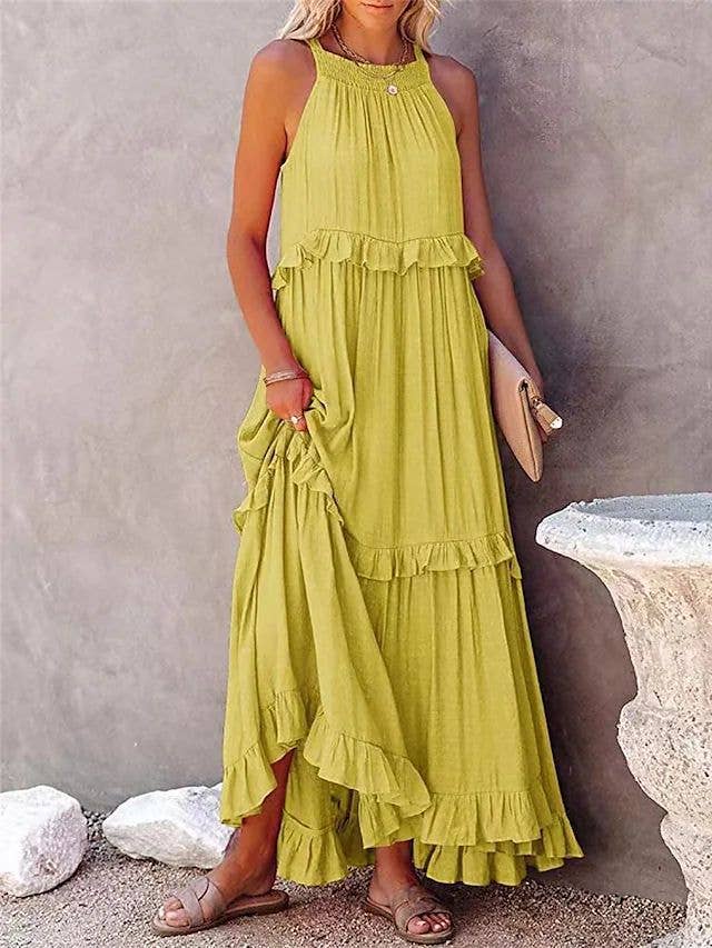 Ladies Bohemia Round Neck Plicated Daily Maxi Dress SKD23119