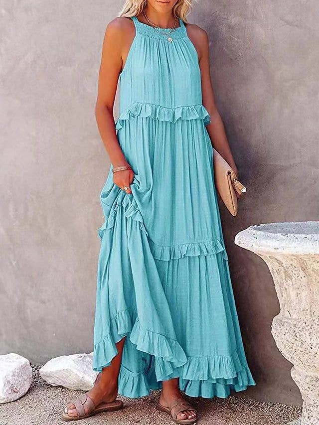 Ladies Bohemia Round Neck Plicated Daily Maxi Dress SKD23119