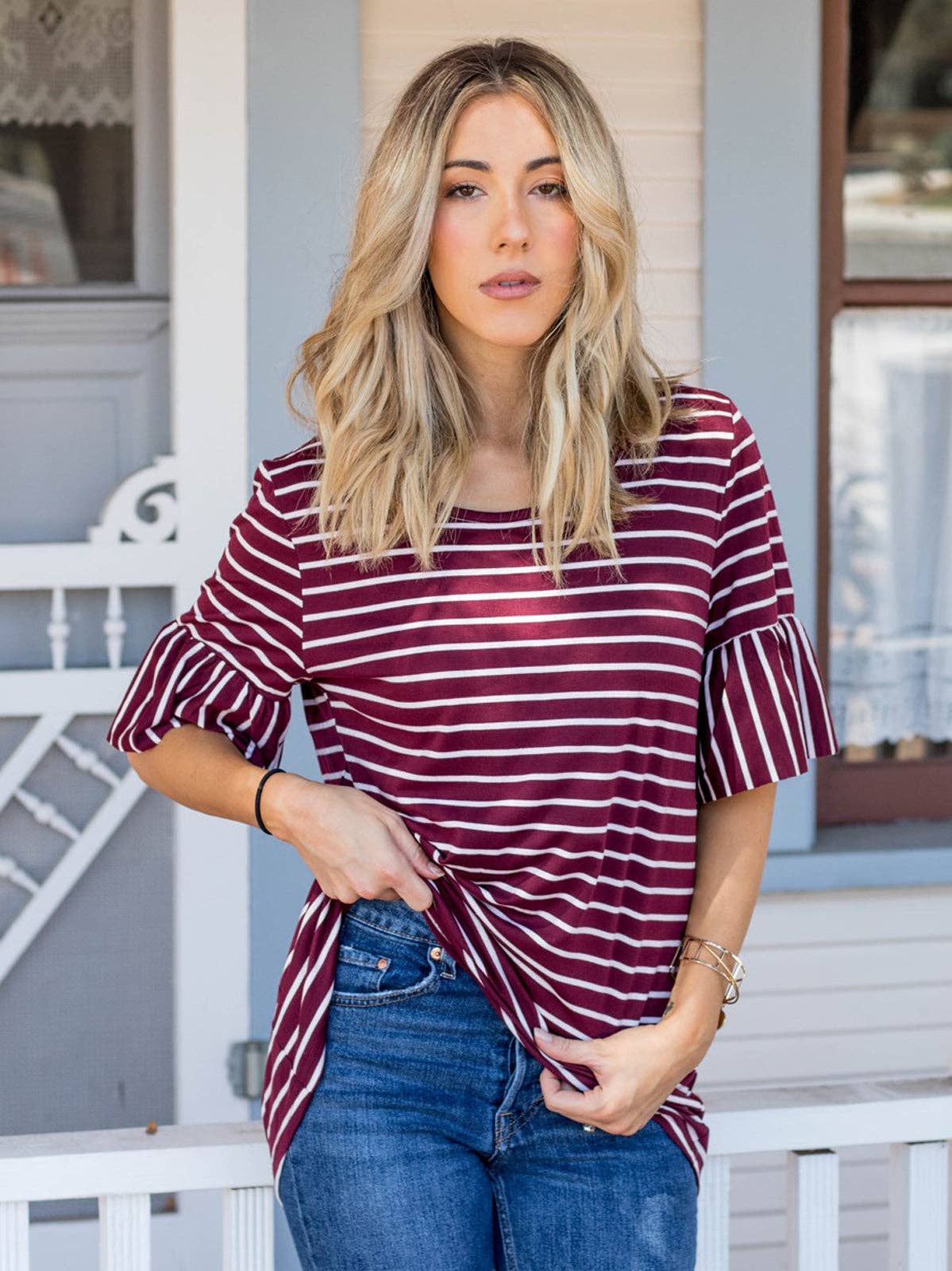 Payton Stripe Flare Sleeve Top | S-3X