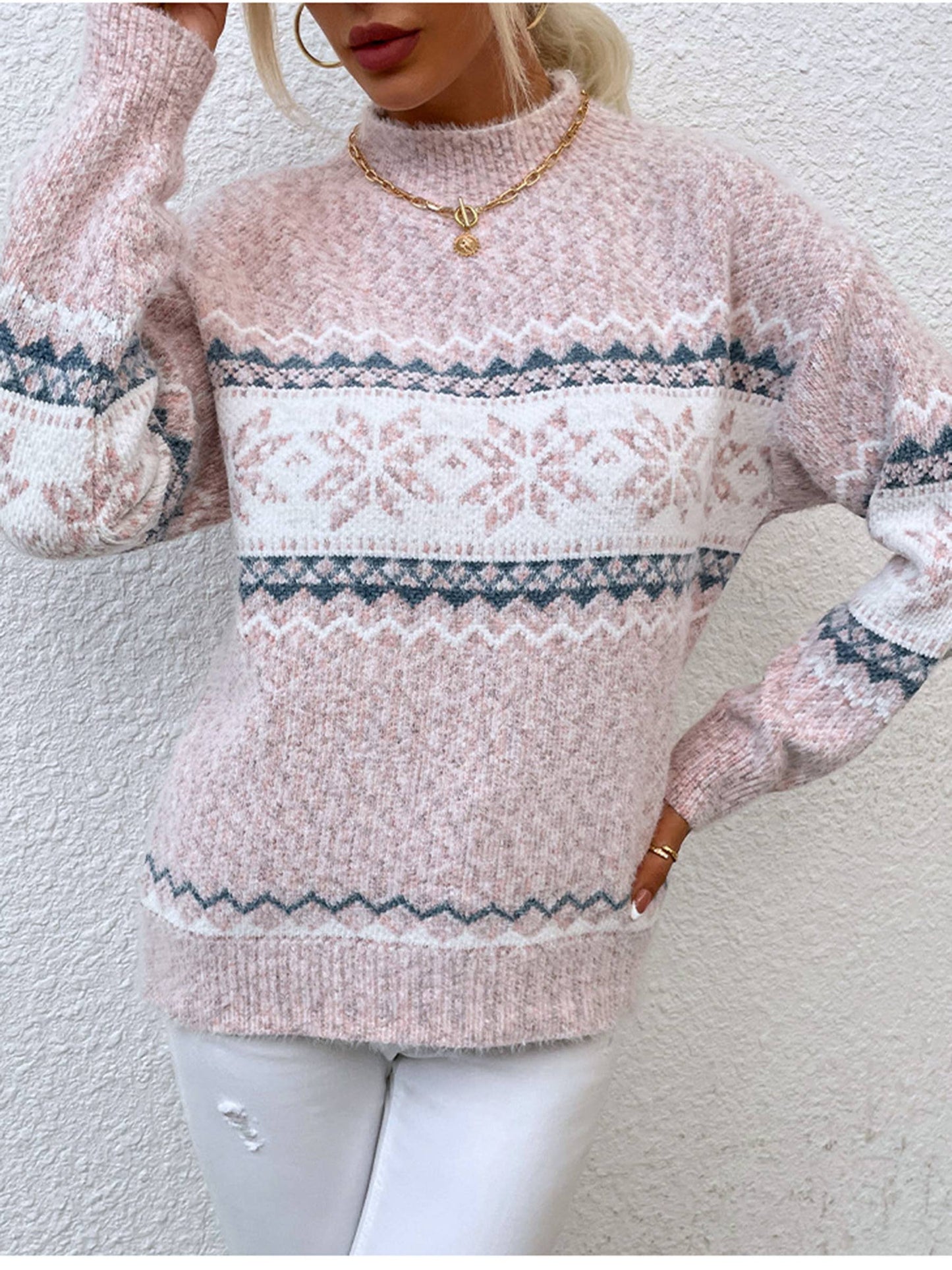 Half High Collar Snowflake Sweater For Women