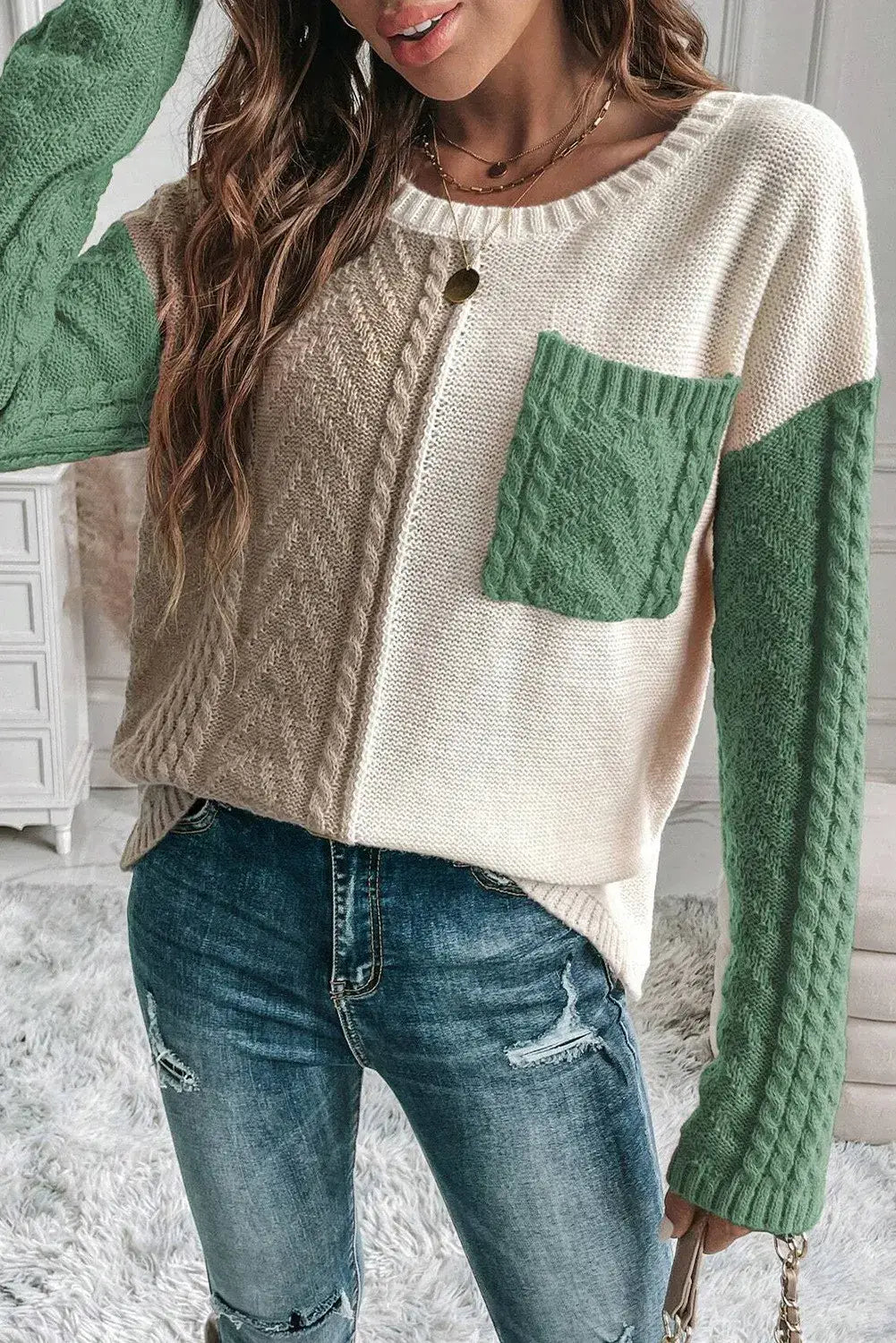 Gold Flame Colorblock Patched Pocket Drop Shoulder Sweater