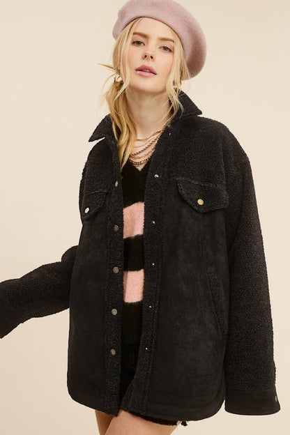 La Miel JKT1790-Faux Suede Oversized Button Down Jacket with Pockets