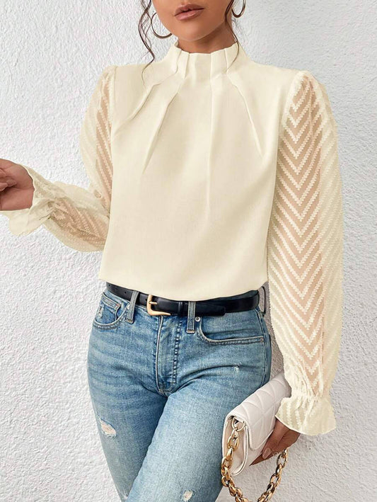 Women's Long Puff Sleeve Mock Neck Wave Chiffon Blouse Tops