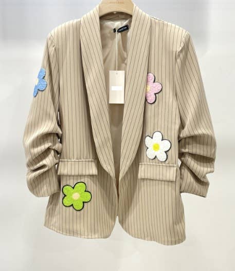 356F One Size Beige Italian Striped 3D Floral Blazer LOOWIE