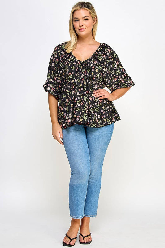 Plus Size Floral Babydoll Ballon Slv Top NK18349-T