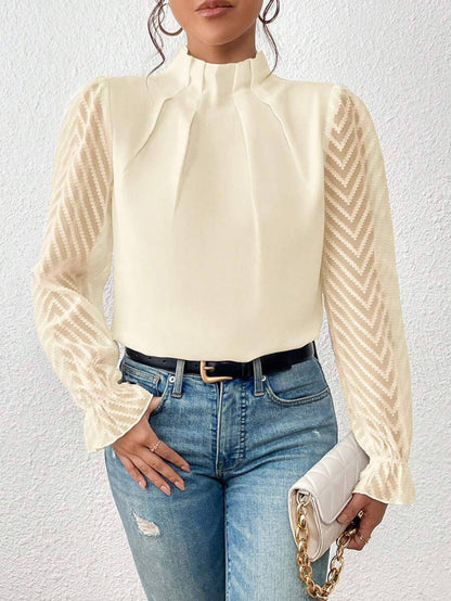 Women's Long Puff Sleeve Mock Neck Wave Chiffon Blouse Tops