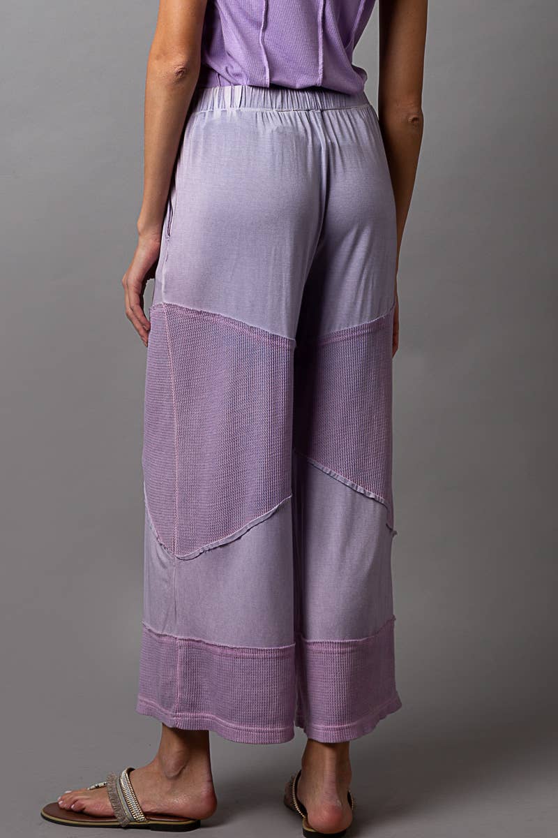 Contrast ribbed elastic waist casual knit culottes pants