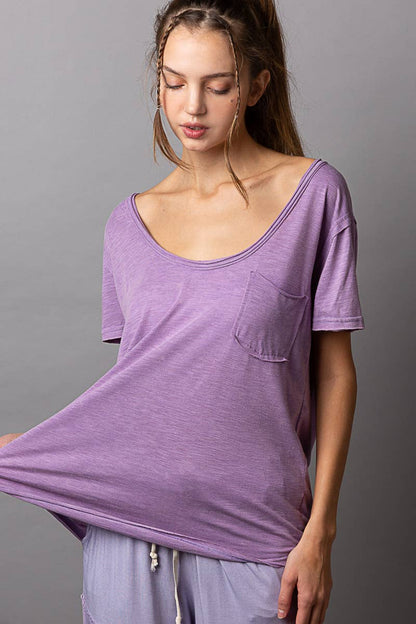 Scoop neck rayon slub pocket front short sleeve tee SALE