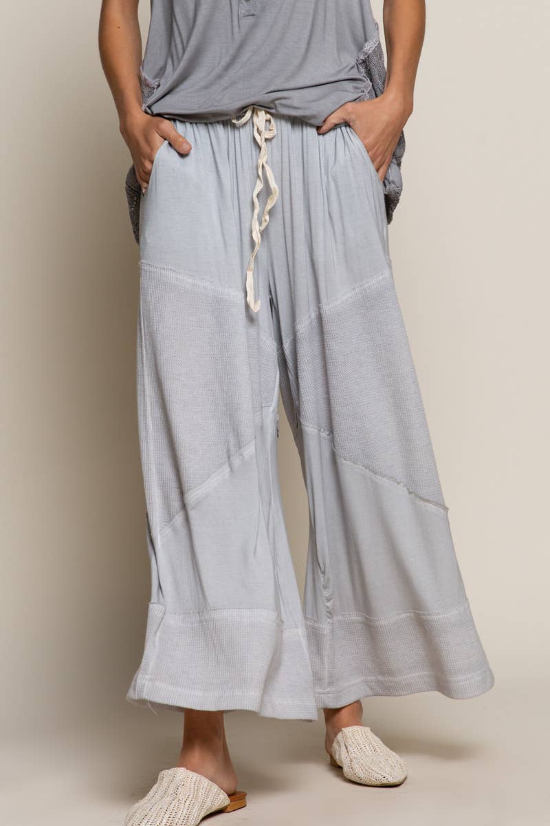 Contrast ribbed elastic waist casual knit culottes pants