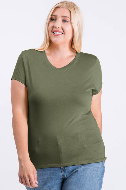 Plus Size V Neck Basic Short Sleeve Solid Tee Cotton Top