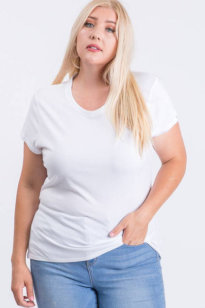 Plus Size V Neck Basic Short Sleeve Solid Tee Cotton Top