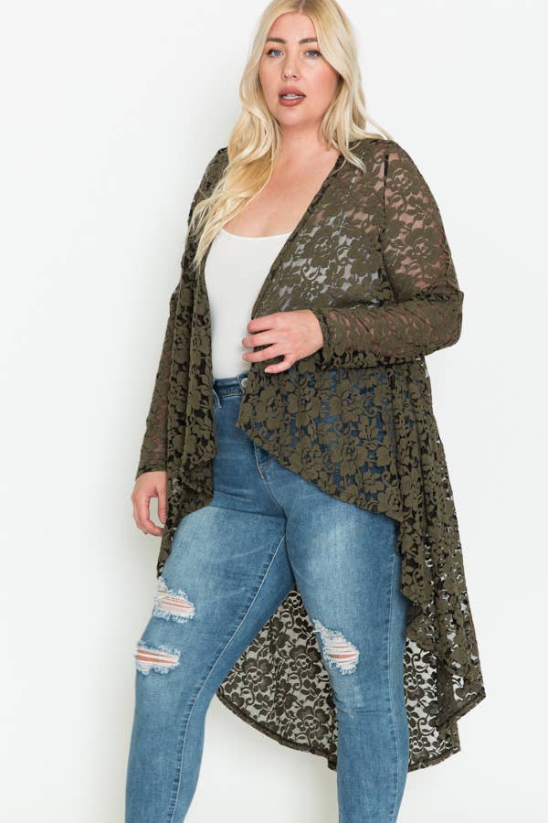 Plus Size Floral Lace Ruffle Long Sleeve Maxi Cardigan