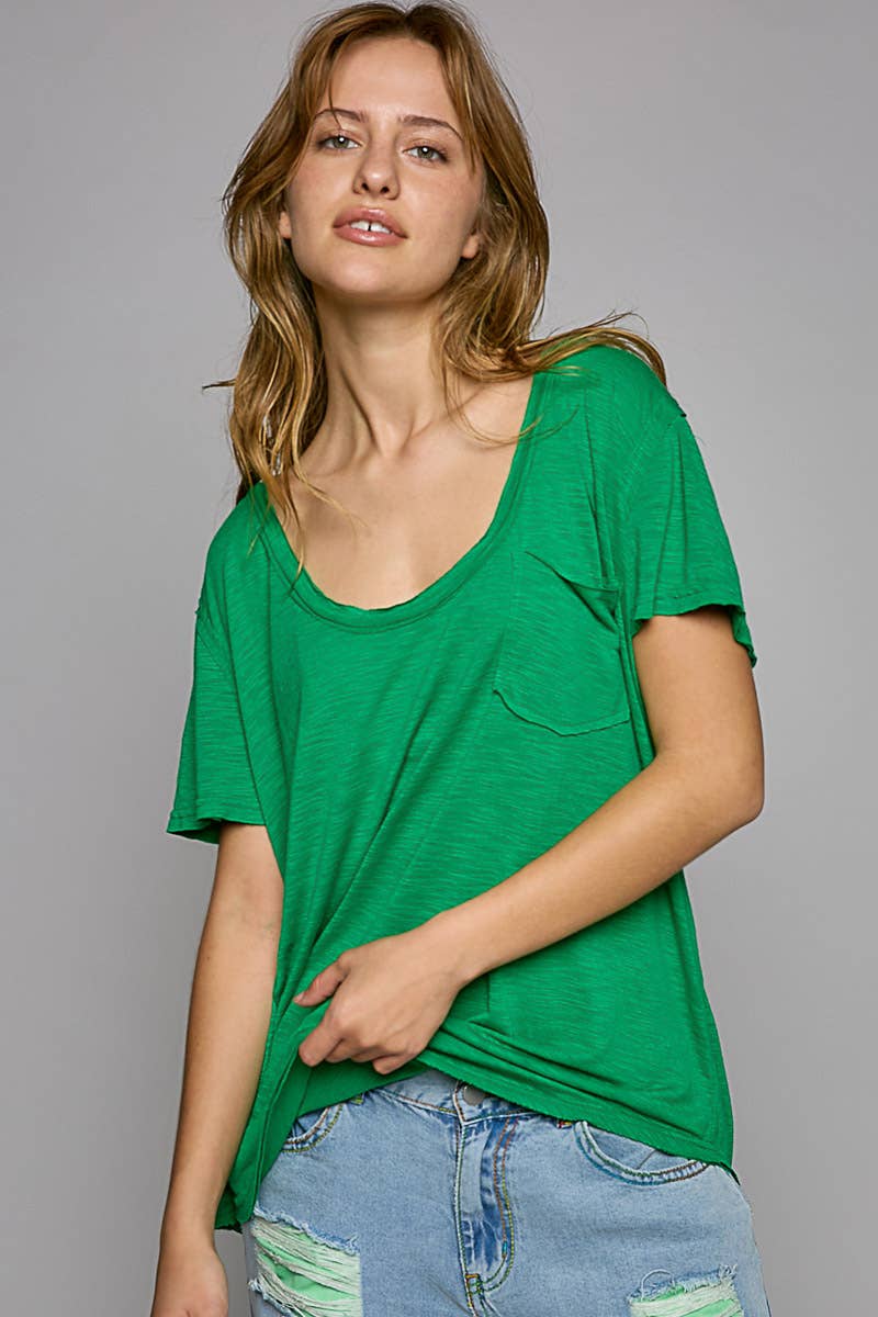 Scoop neck rayon slub pocket front short sleeve tee SALE