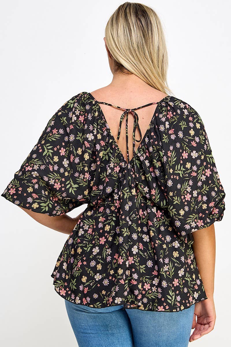 Plus Size Floral Babydoll Ballon Slv Top NK18349-T