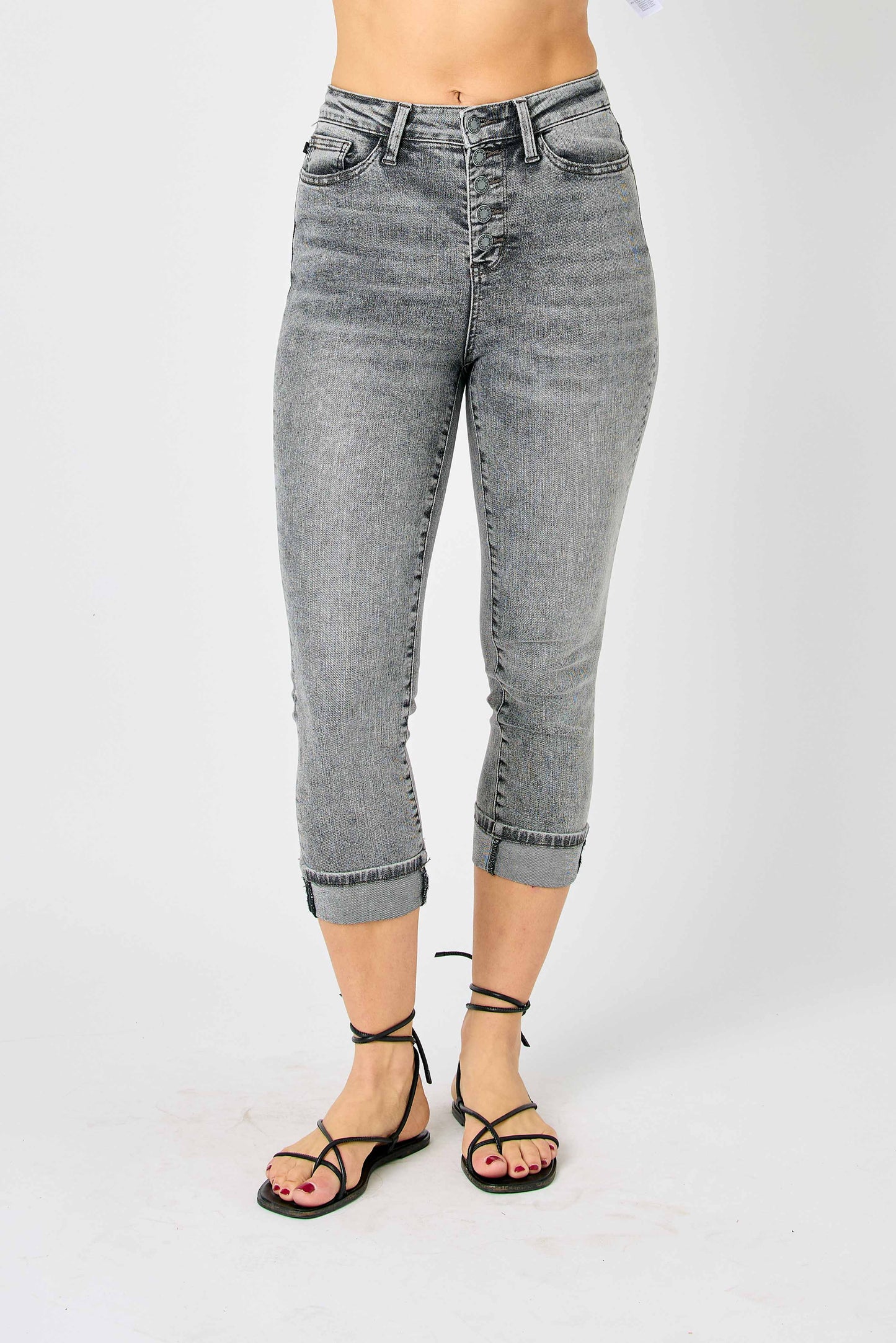 Judy Blue High Waist Grey Cuffed Button Fly Capri