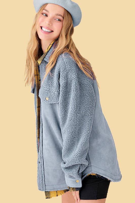 La Miel JKT1790-Faux Suede Oversized Button Down Jacket with Pockets