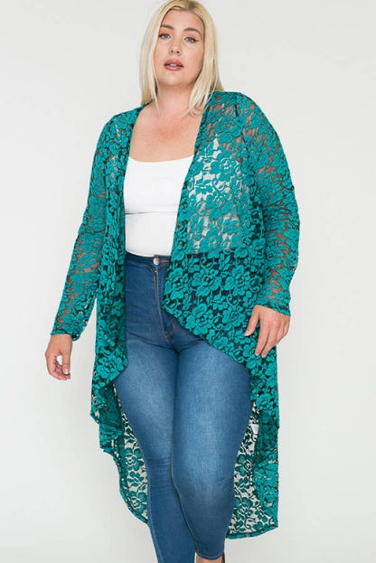 Plus Size Floral Lace Ruffle Long Sleeve Maxi Cardigan