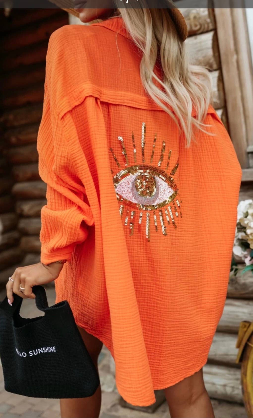 E26 Orange Oversized Evil Eye Gauze Cotton  Button Shirt