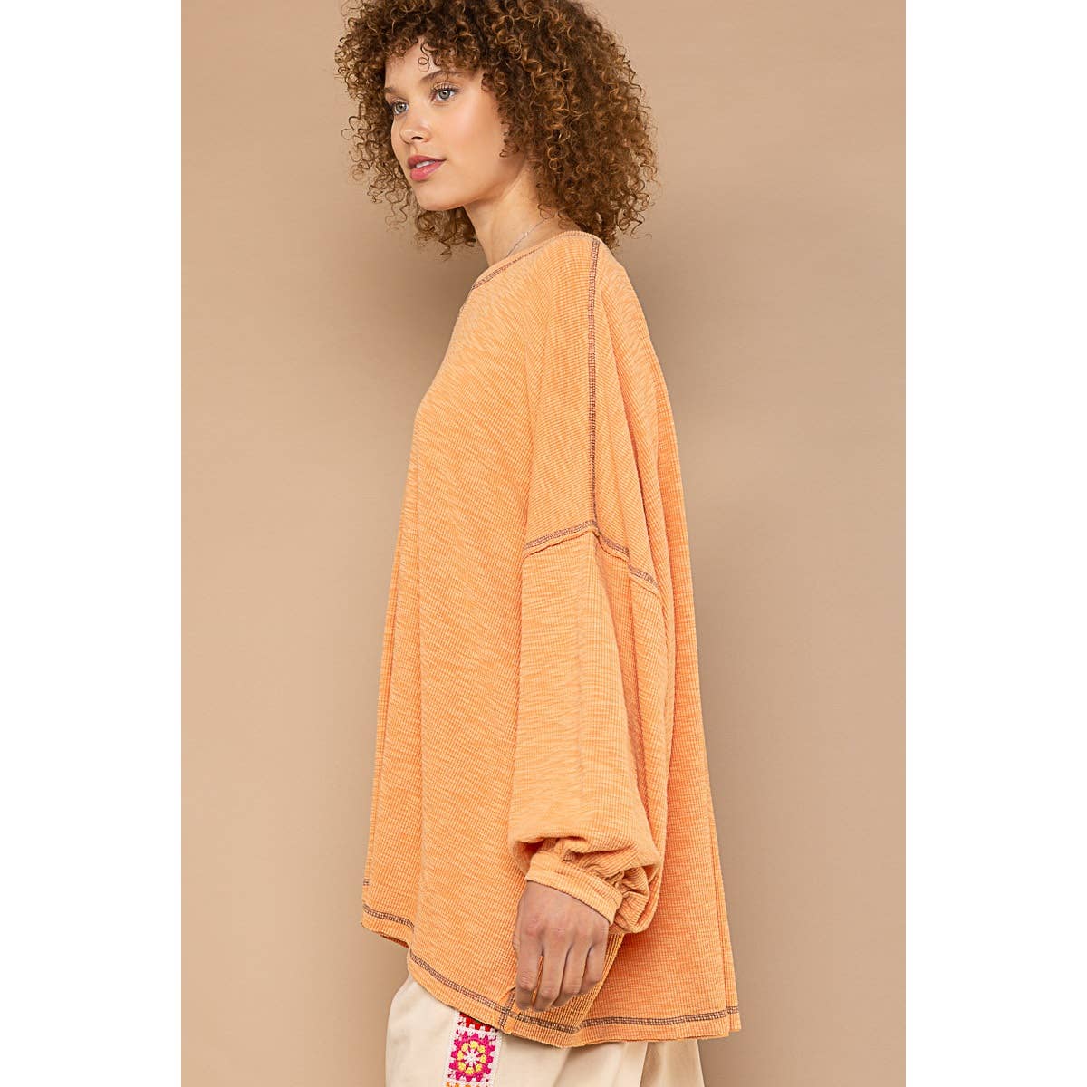 Round neck long sleeve overlock detail knit top SALE