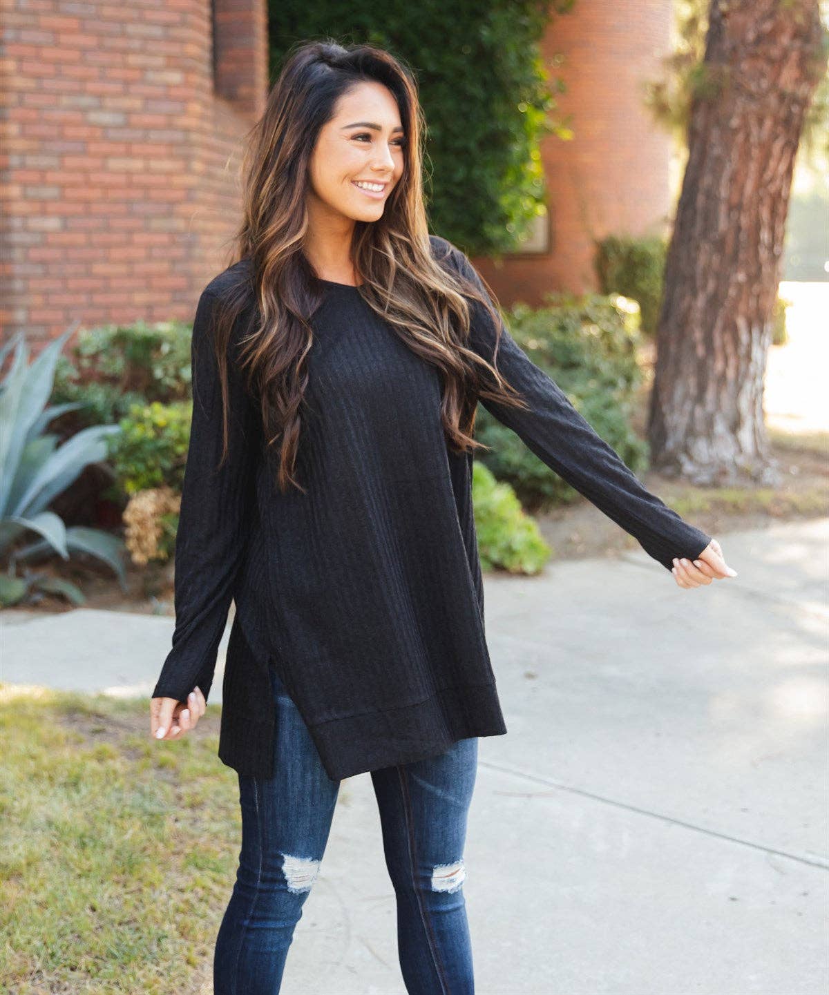 Long Sleeve Pocket Split Hem Tunic - Azalea Top