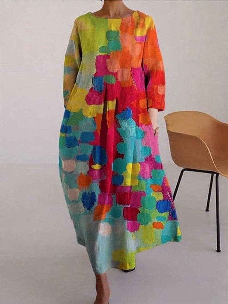 Colorful Contrast Color Printed Loose Round-Neck Midi Dresse