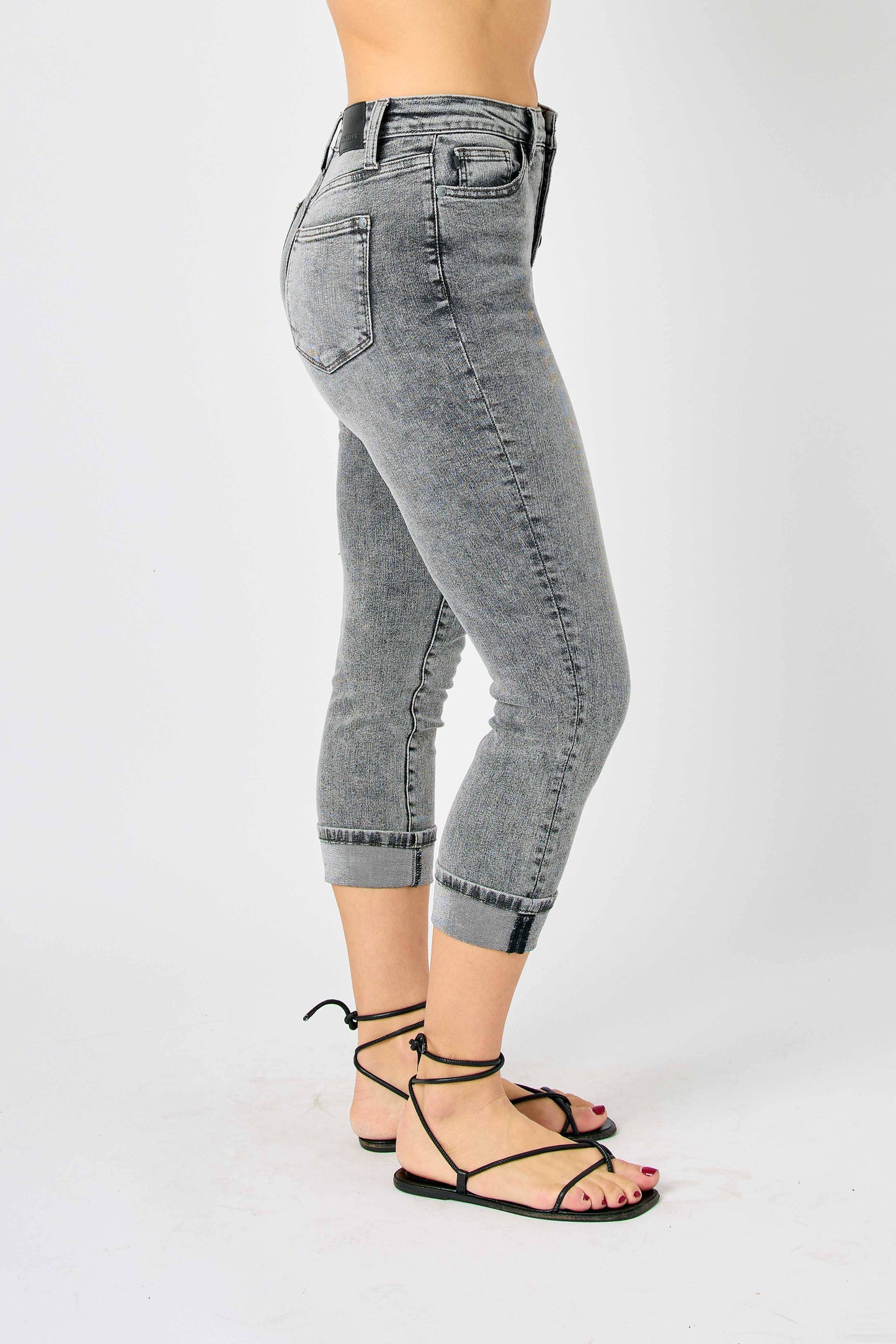 Judy Blue High Waist Grey Cuffed Button Fly Capri