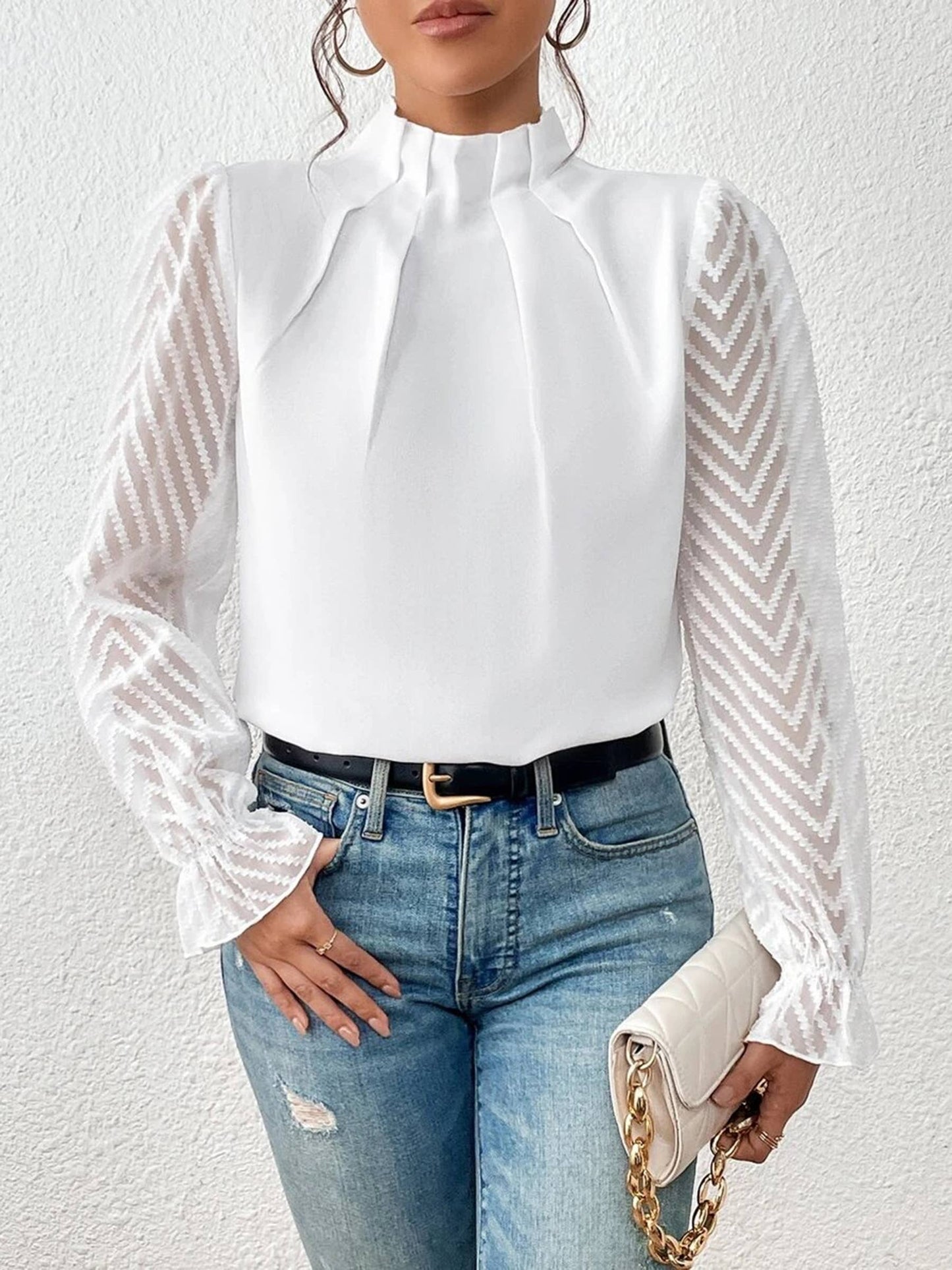 Women's Long Puff Sleeve Mock Neck Wave Chiffon Blouse Tops