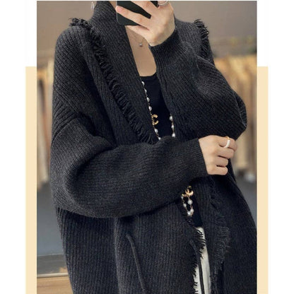 Solid Color Long Sleeves Fringed Knitted Cardigan