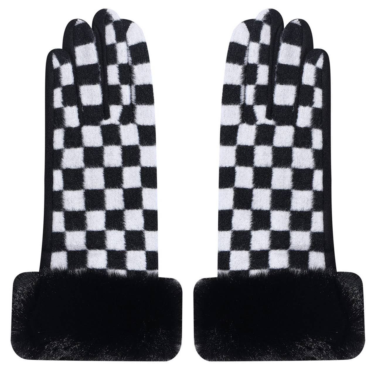 Black - Chess Design Fur Faux Gloves