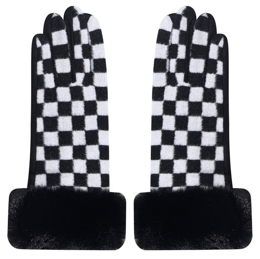 Black - Chess Design Fur Faux Gloves